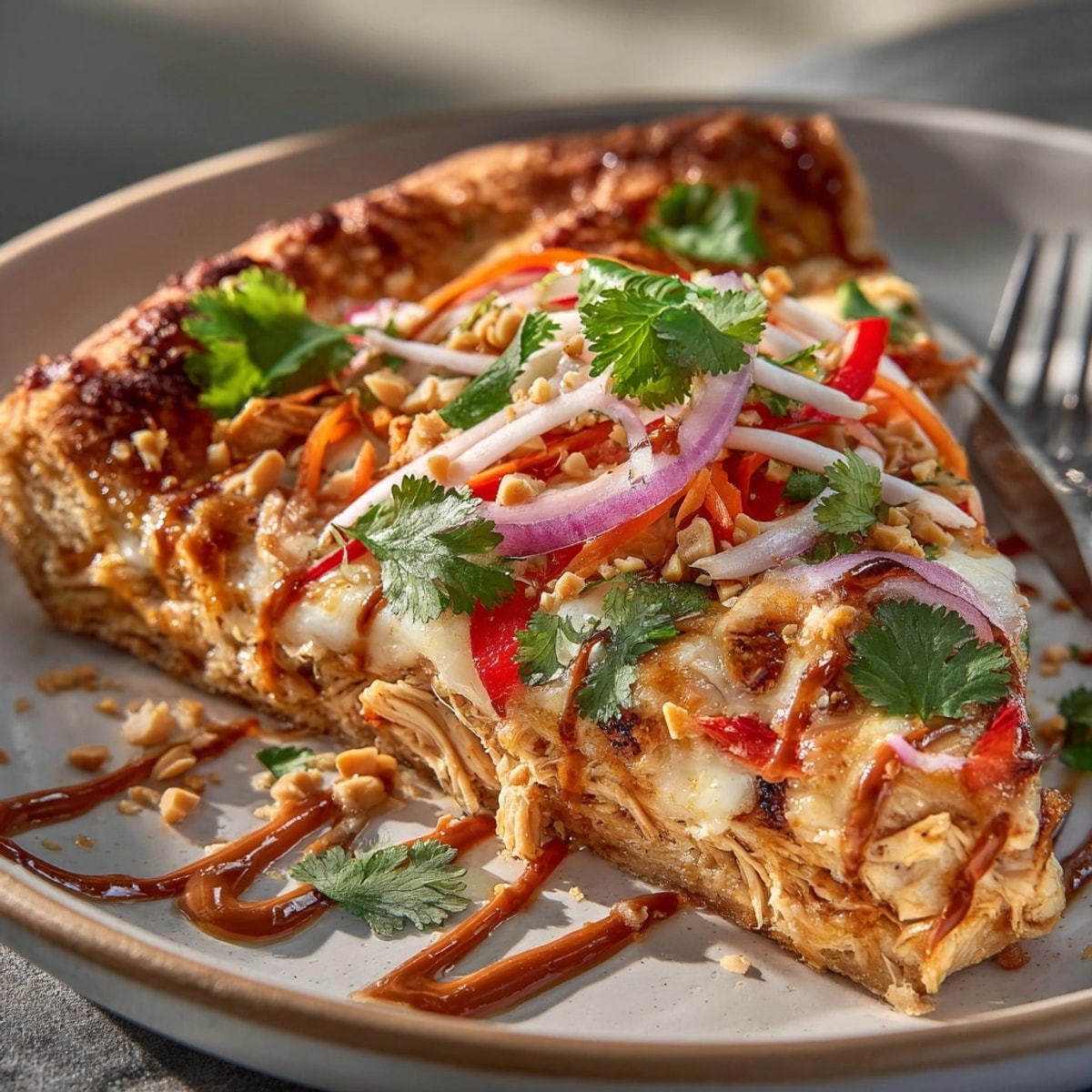 Sliced Thai Peanut Chicken Pizza on a wooden board, topped with cilantro, peanuts, and crisp vegetables