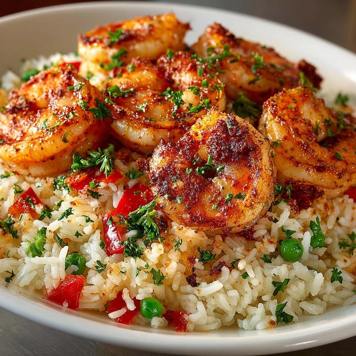 Close-up of shrimp and rice pilaf with vibrant vegetables and fresh parsley garnish served hot.