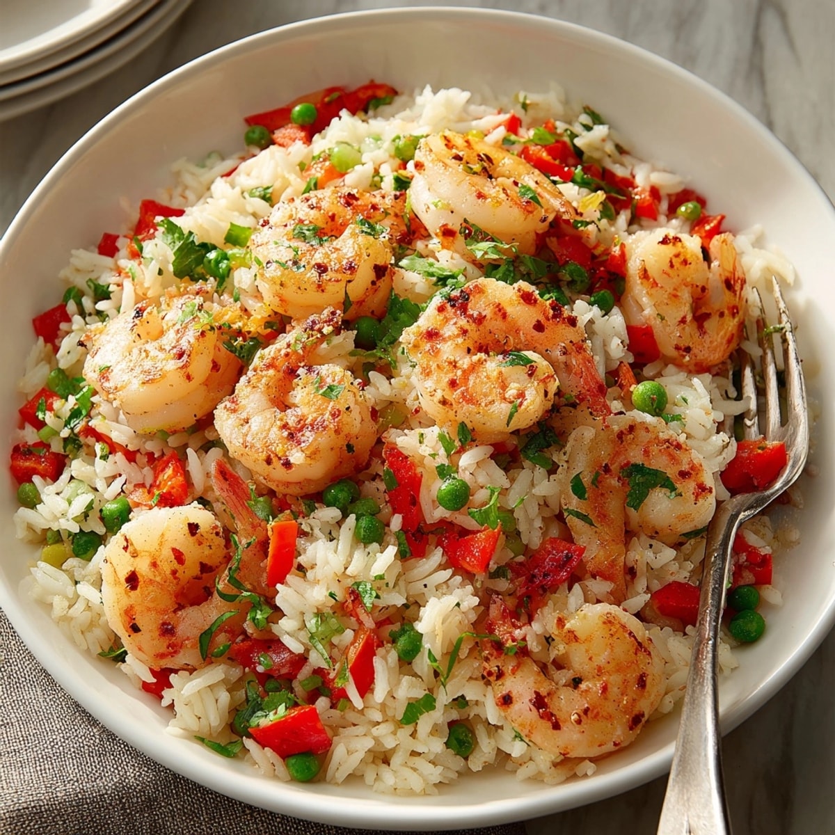 Colorful Mediterranean shrimp and rice pilaf steaming in a skillet, ready for family-style serving.