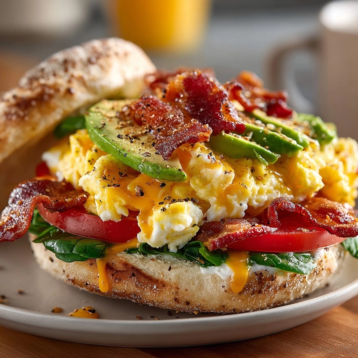 Breakfast sandwich with avocado on toasted English muffin, fluffy eggs, and crispy bacon served hot.