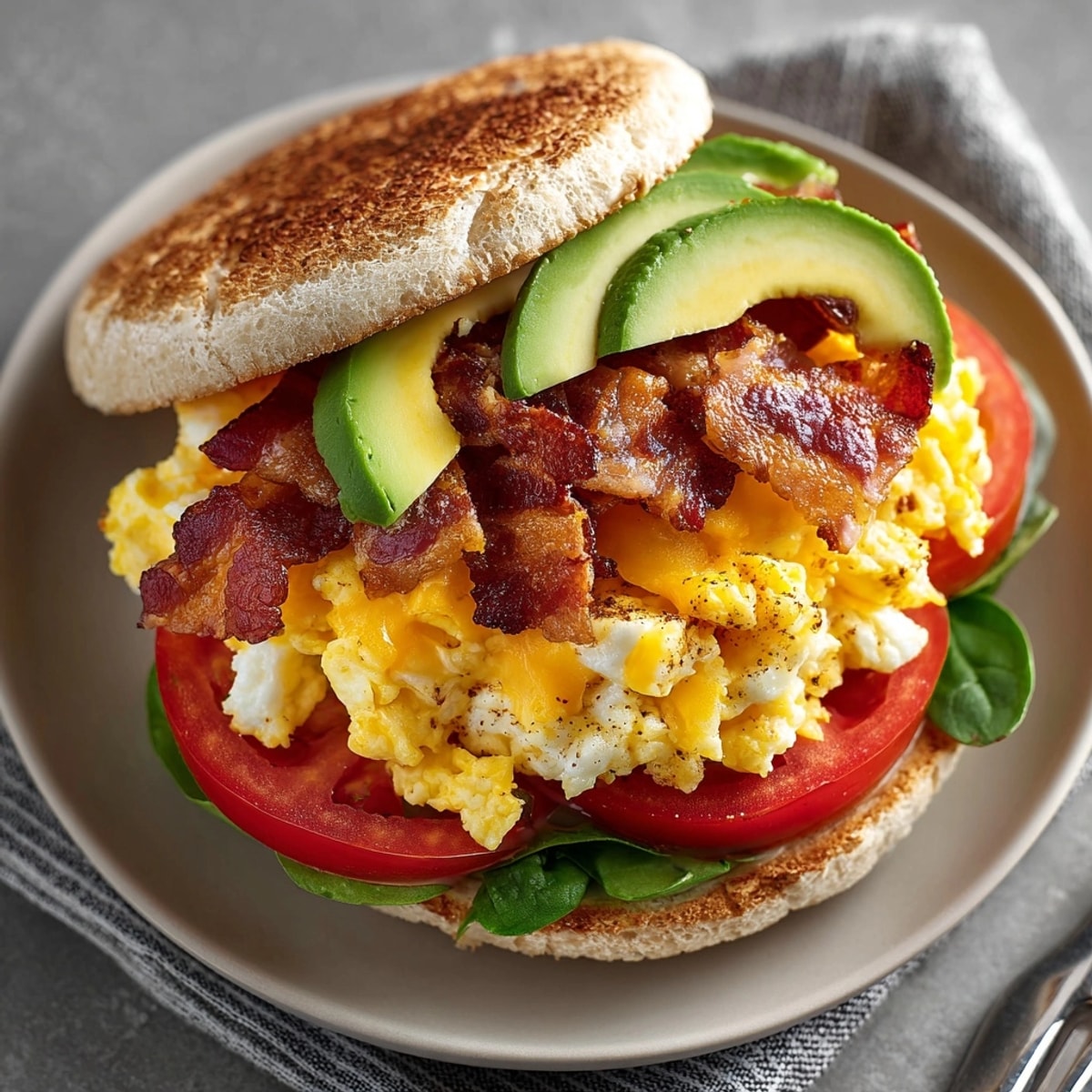 Melted cheddar and creamy avocado fill this breakfast sandwich, fresh from the skillet and ready to enjoy.