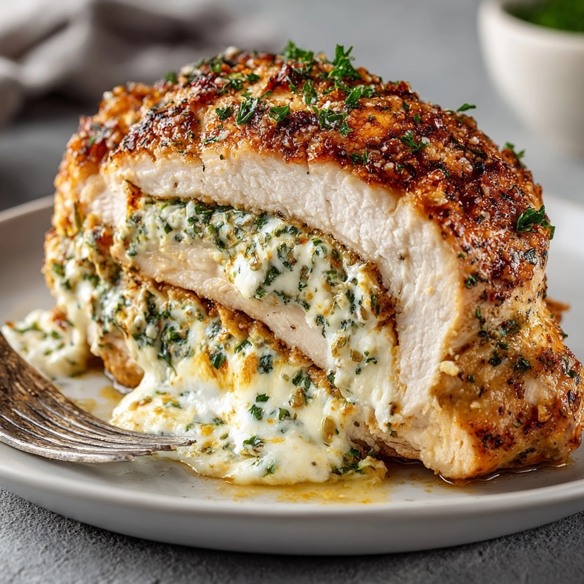 Stuffed Cheese Chicken Breast baked golden with creamy herbs, ready to slice and serve.