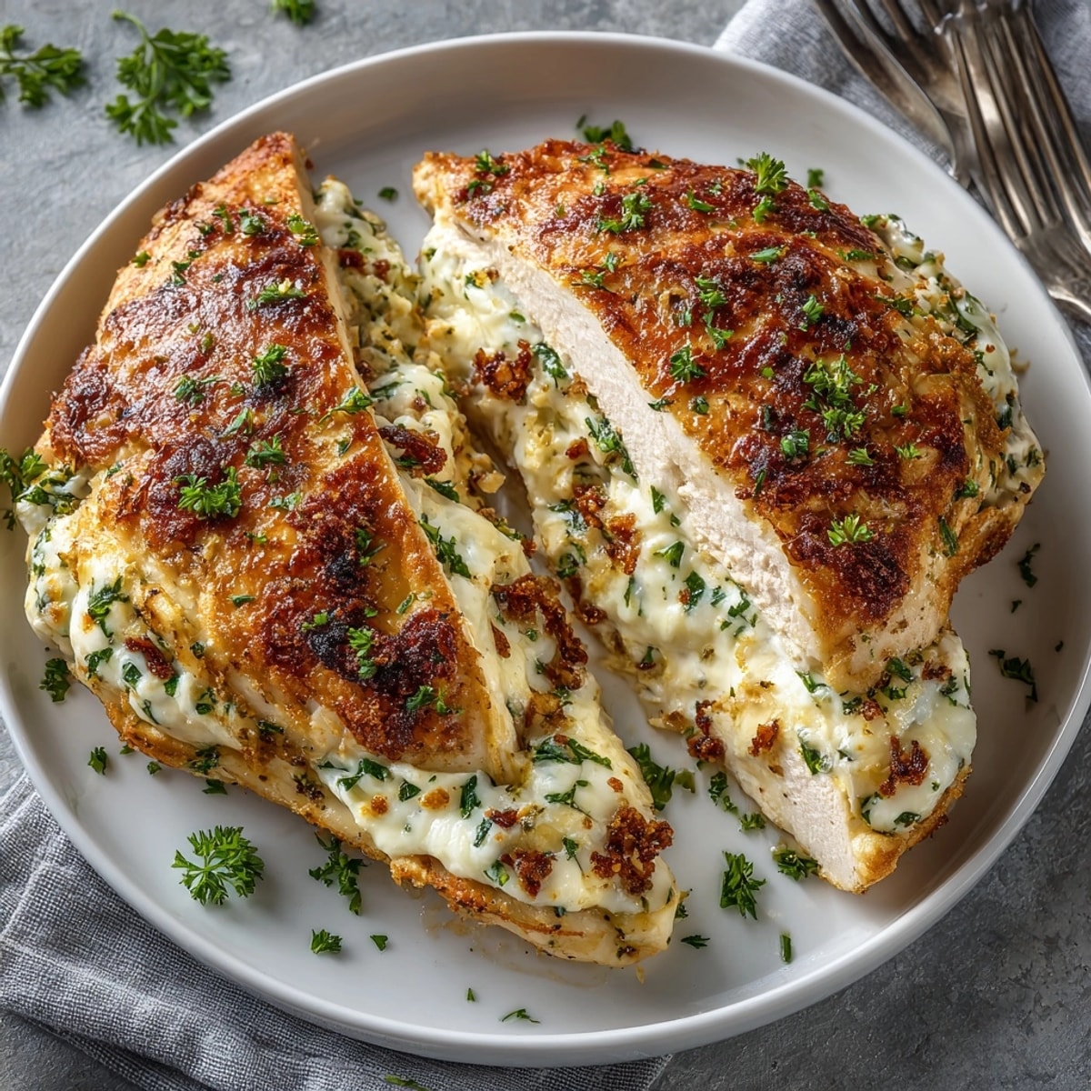 Juicy Stuffed Cheese Chicken Breast on a platter, cheese filling oozing, garnished with parsley.