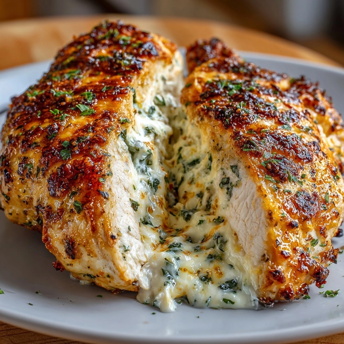 Oven-baked Stuffed Cheese Chicken Breast resting, crispy edges and deliciously melted cheese visible inside.