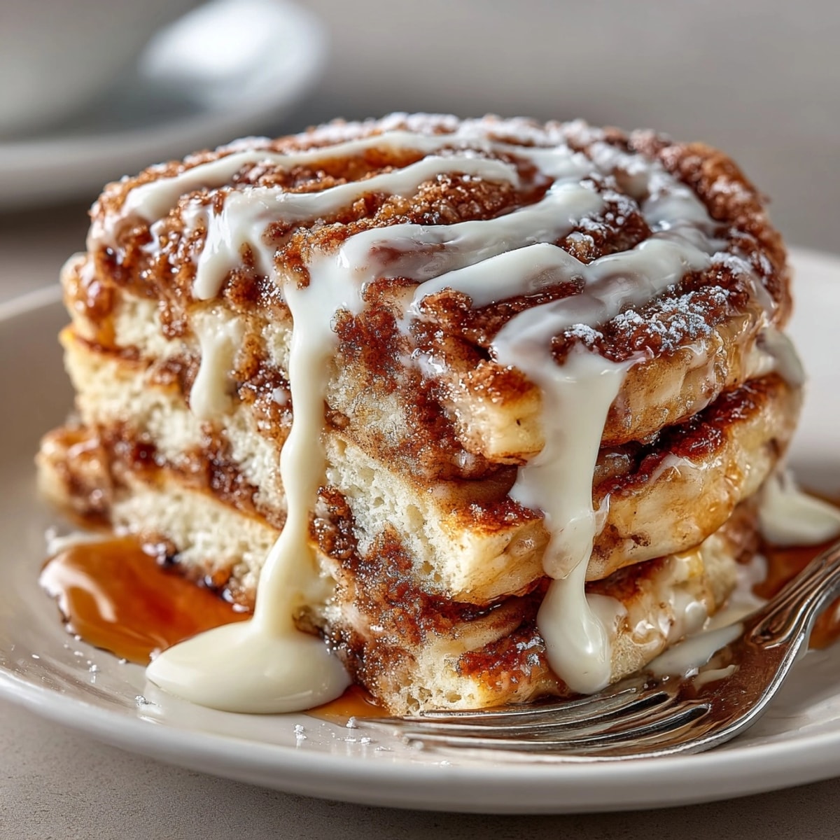 Stack of Cinnamon Roll Pancakes topped with creamy glaze, served warm, cinnamon swirls visible.