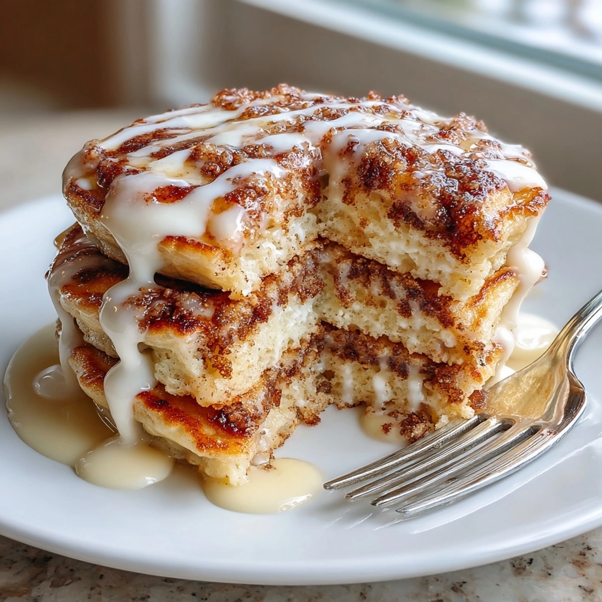 Golden Cinnamon Roll Pancakes on a white plate, drizzled with vanilla cream cheese icing.