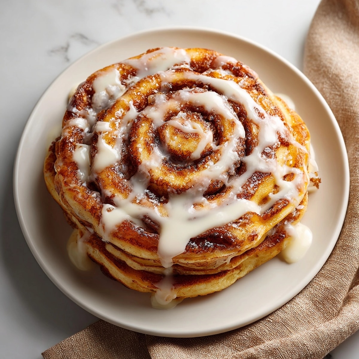 Close-up of fluffy Cinnamon Roll Pancakes showing gooey cinnamon filling and glossy sweet glaze.