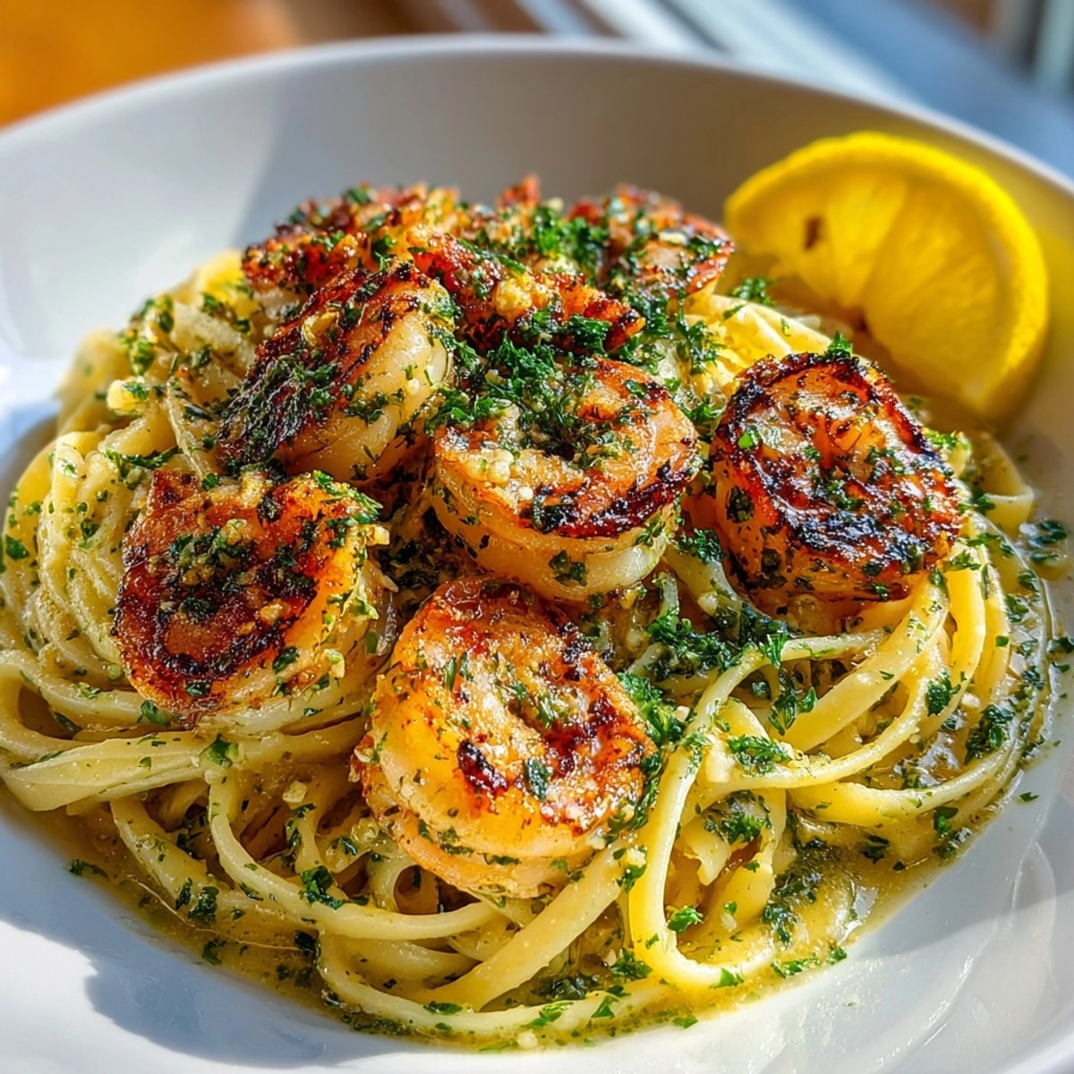 Freshly cooked shrimp and garlic pasta topped with lemon zest and chopped parsley, ready to serve.