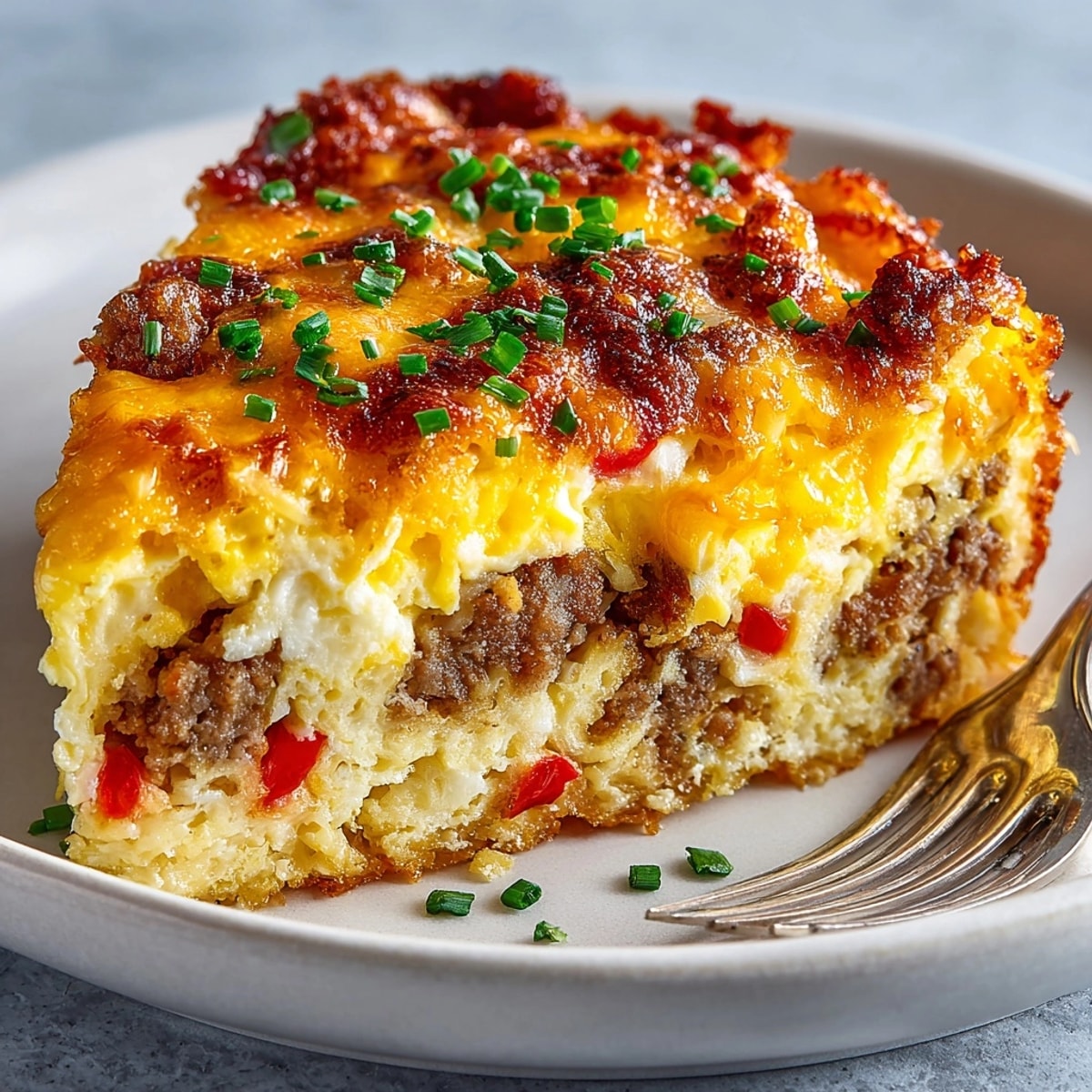 Breakfast casserole with hash browns fresh out of the oven, cheese bubbling and golden brown.