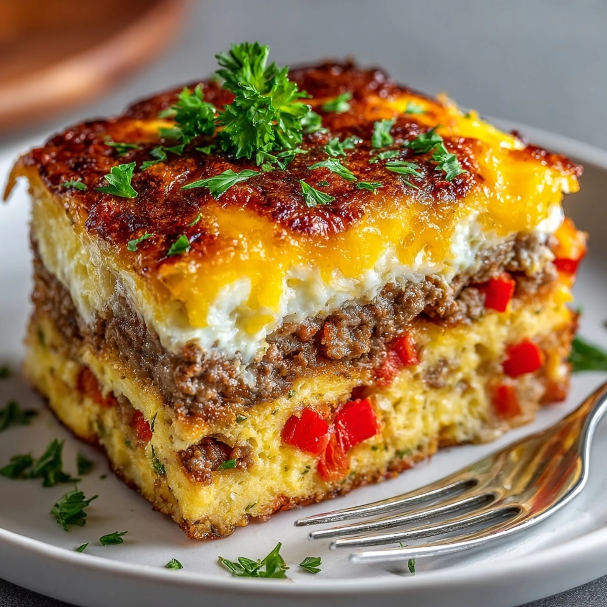 Hearty breakfast casserole with hash browns, sausage, and bell peppers served hot for a crowd.