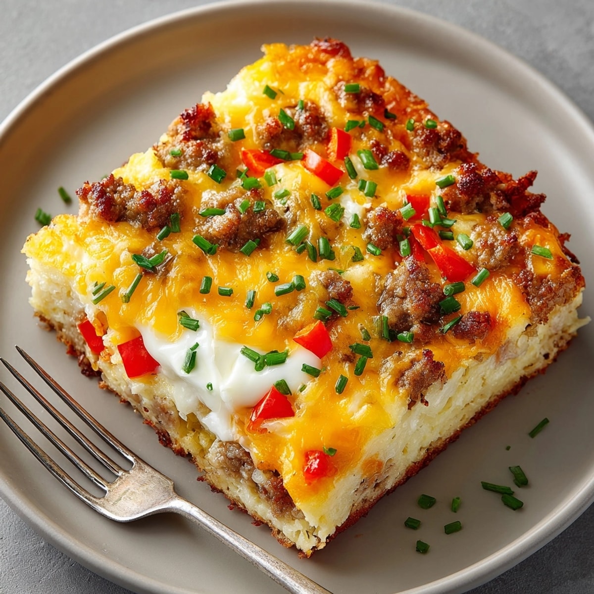 Sliced breakfast casserole with hash browns on a plate, garnished with fresh chives and parsley.