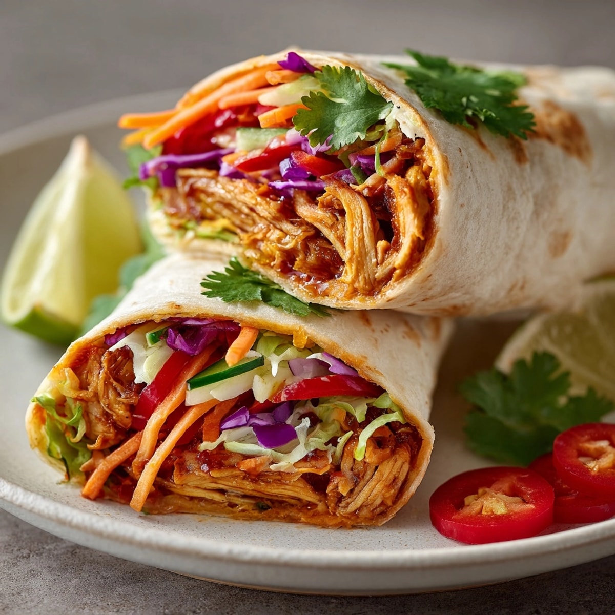 Thai Curry Chicken Wraps filled with colorful veggies, juicy grilled chicken, and zesty lime garnish