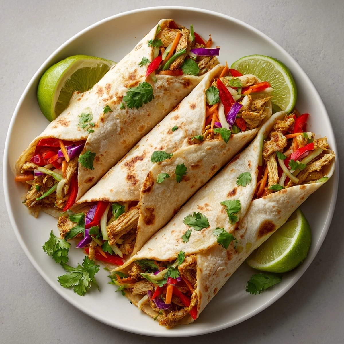 Freshly made Thai Curry Chicken Wraps sliced open, revealing vibrant vegetables and tender spiced chicken