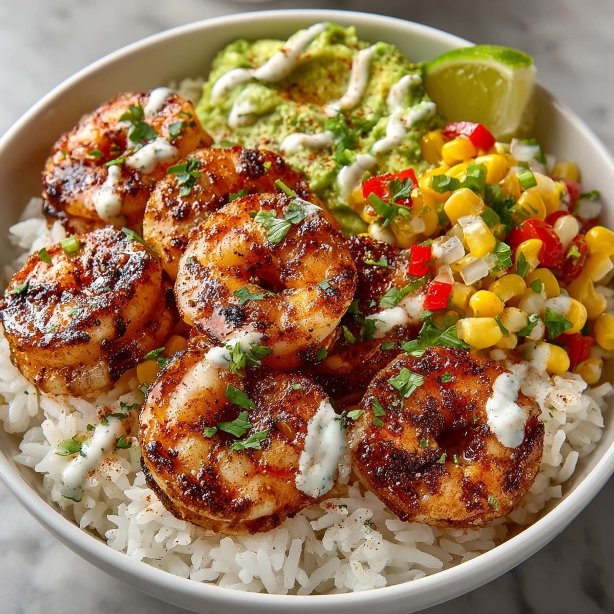 Grilled Shrimp Bowl with Avocado, Corn Salsa & Creamy Sauce served fresh in a vibrant bowl.