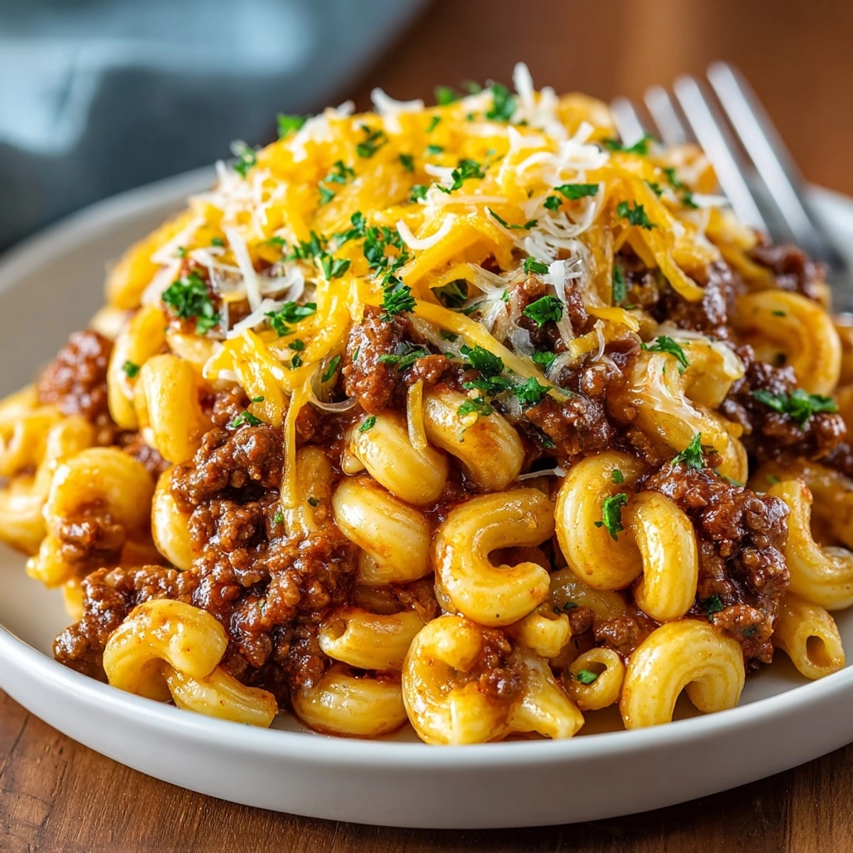 Grandma’s Goulash topped with fresh parsley, steaming in a rustic white bowl for dinner.