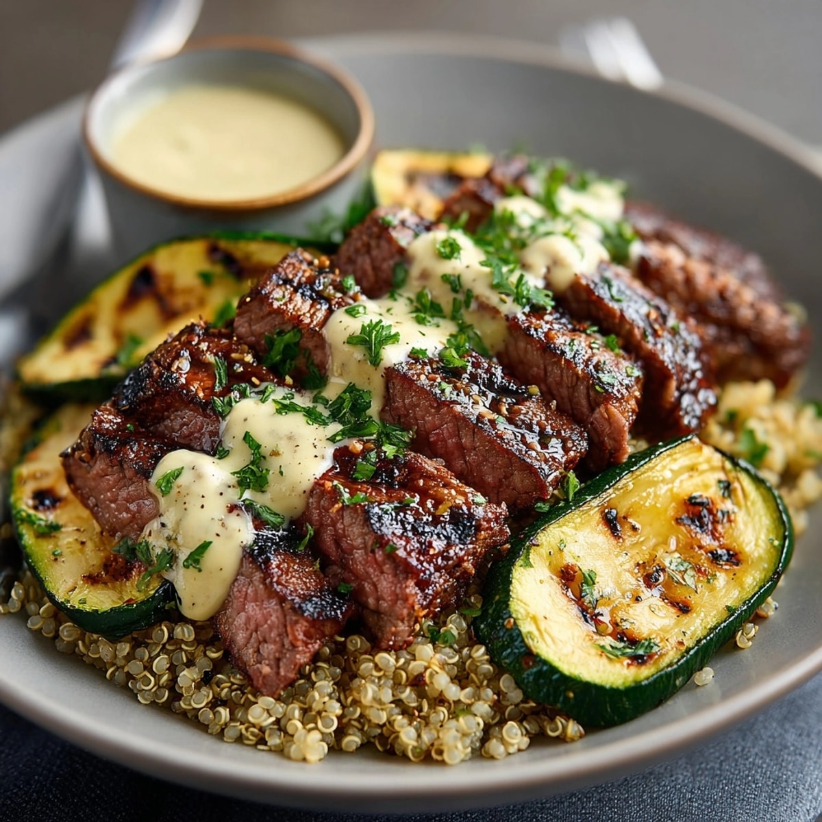 Sliced steak and grilled zucchini bowl with tangy creamy sauce, ready to serve