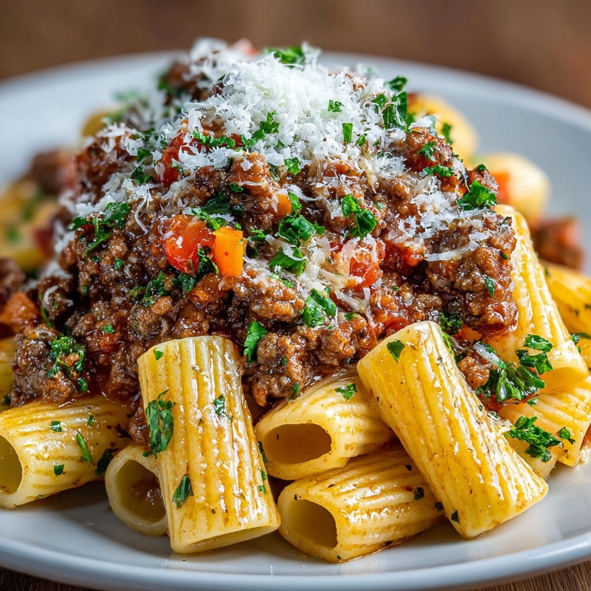 Hearty homemade Bolognese sauce simmering with beef, pork, and vegetables over pasta.