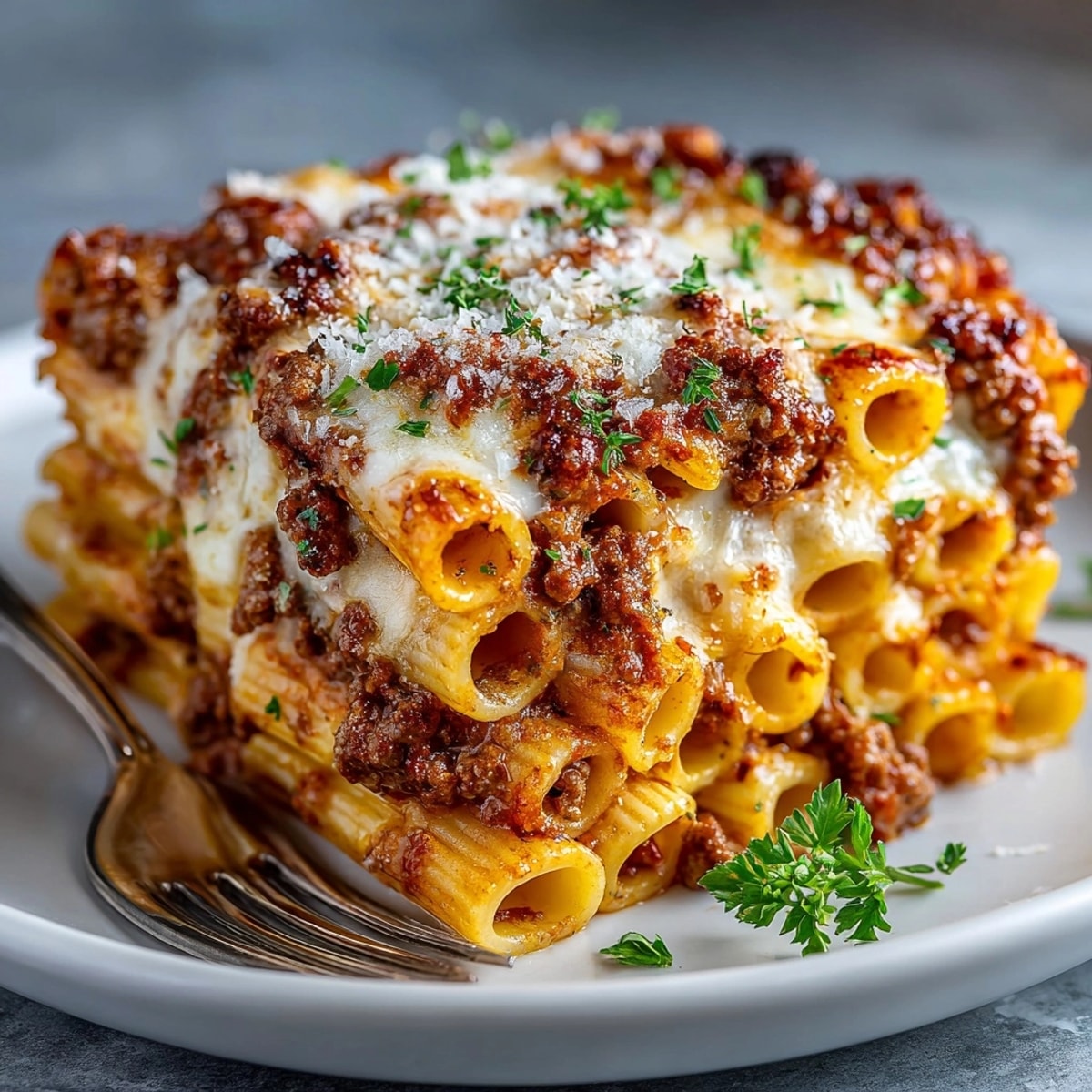 Rich homemade Bolognese sauce ladled onto spaghetti, topped with freshly grated Parmesan cheese.