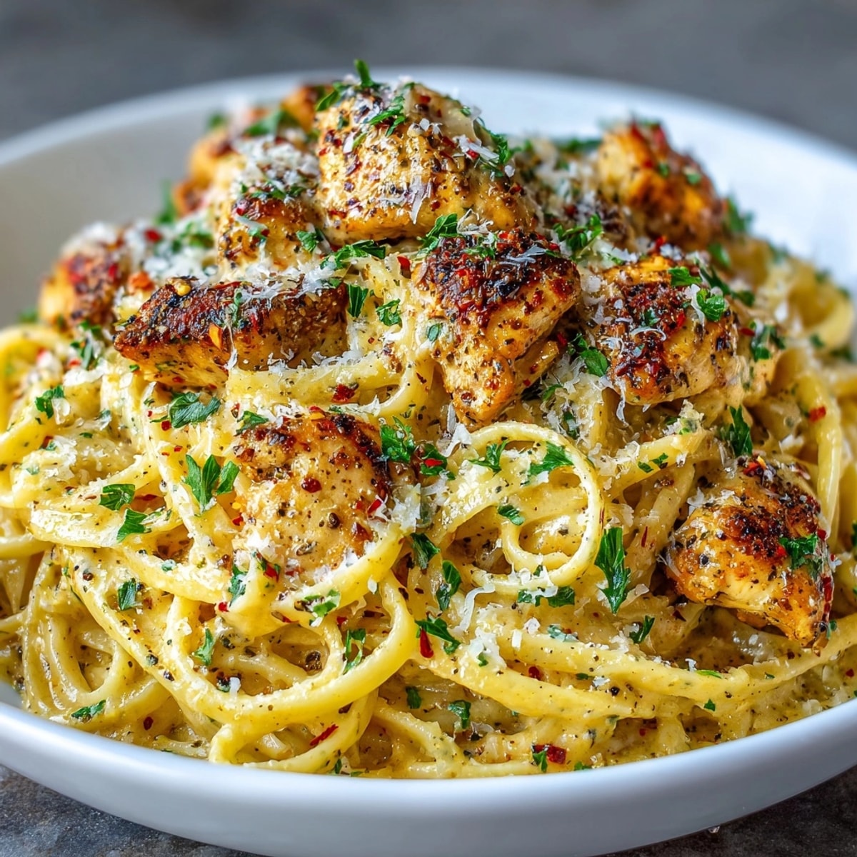 Cowboy Butter Chicken Linguine in a creamy, garlicky sauce garnished with fresh parsley and parmesan.