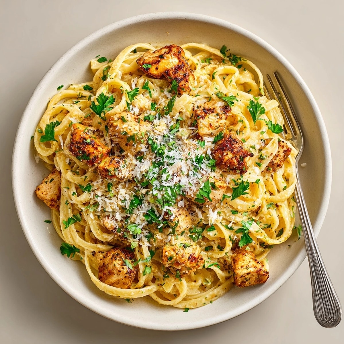 Freshly made Cowboy Butter Chicken Linguine served hot, showcasing golden chicken and a savory, spicy sauce.