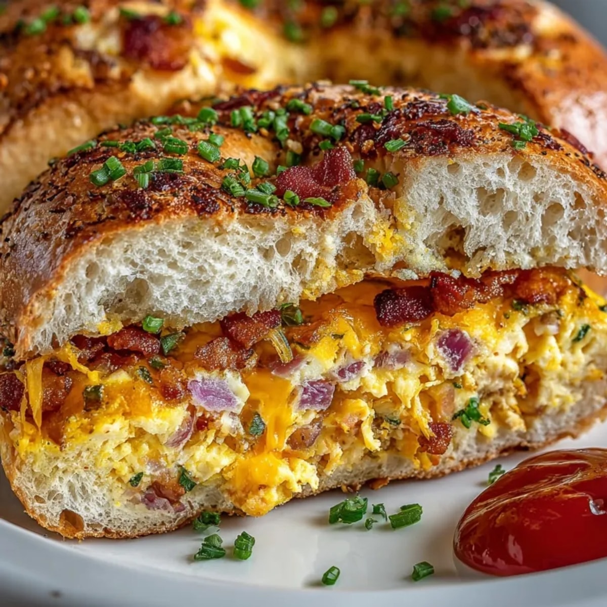 Quiche Stuffed Bagels filled with golden egg, bacon, and cheese, ready for breakfast.