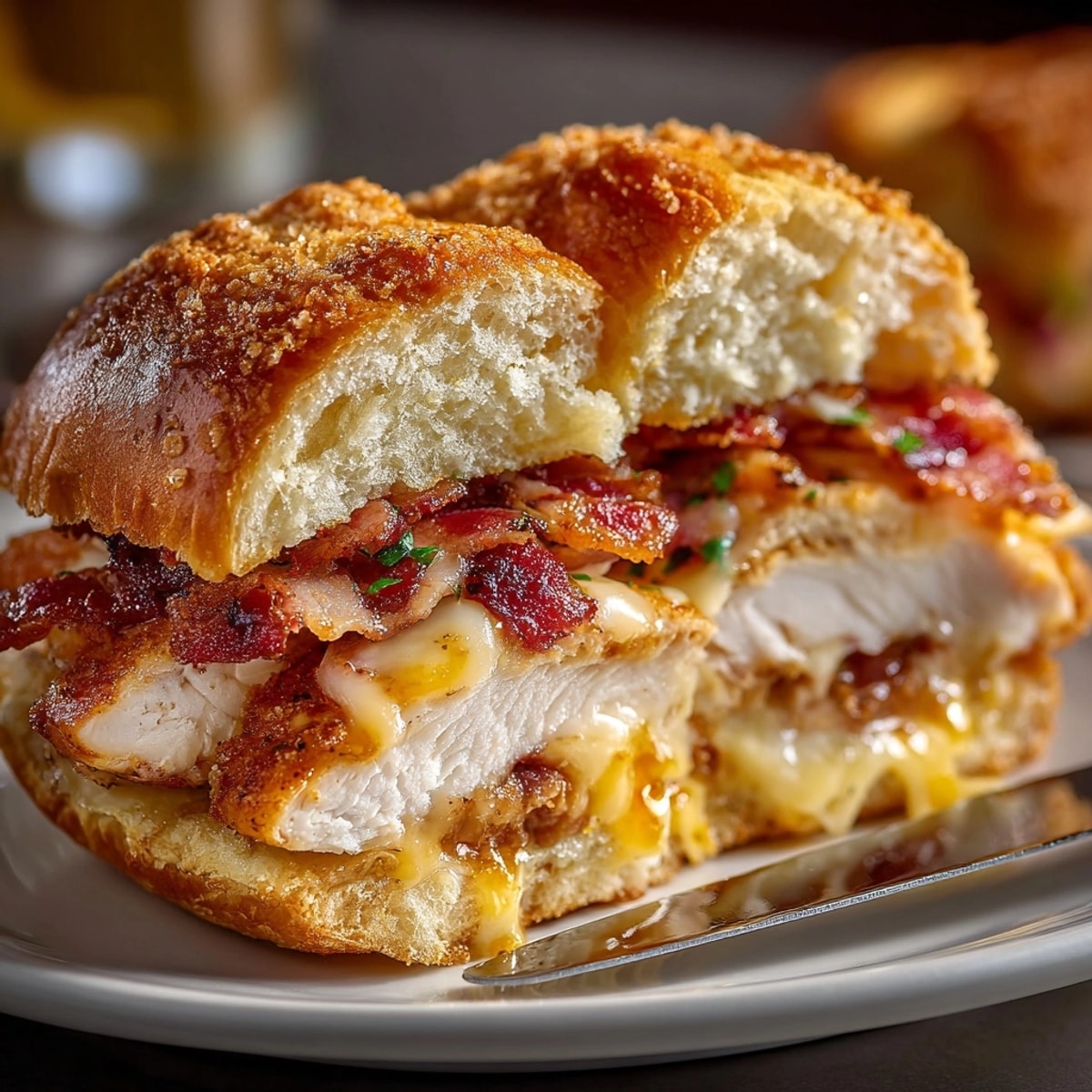 Maple Chicken and Bacon Sliders stacked on golden Hawaiian rolls, gooey Gouda melting between savory layers.