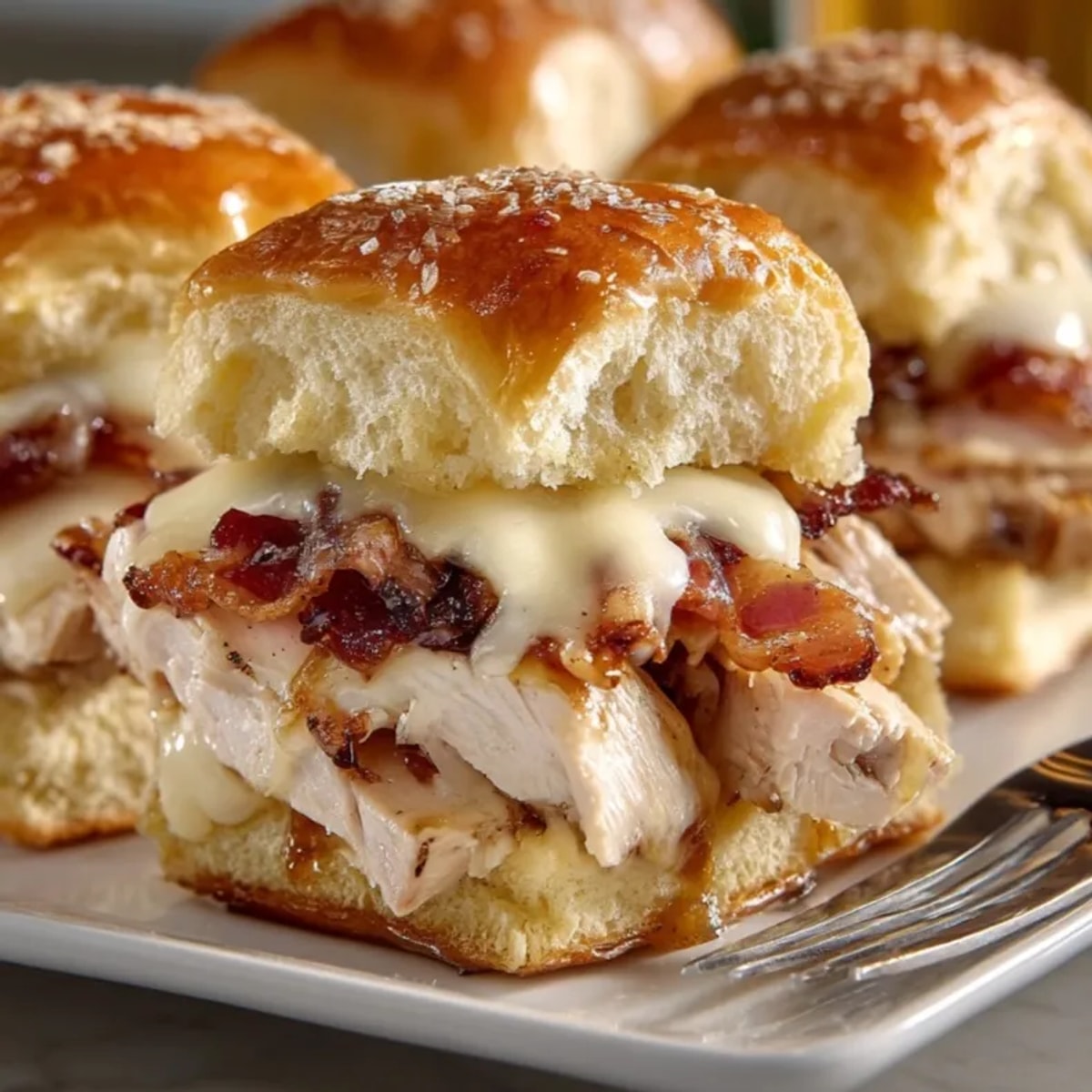 Freshly baked maple chicken and bacon sliders served warm, brushed with sweet maple butter on top.