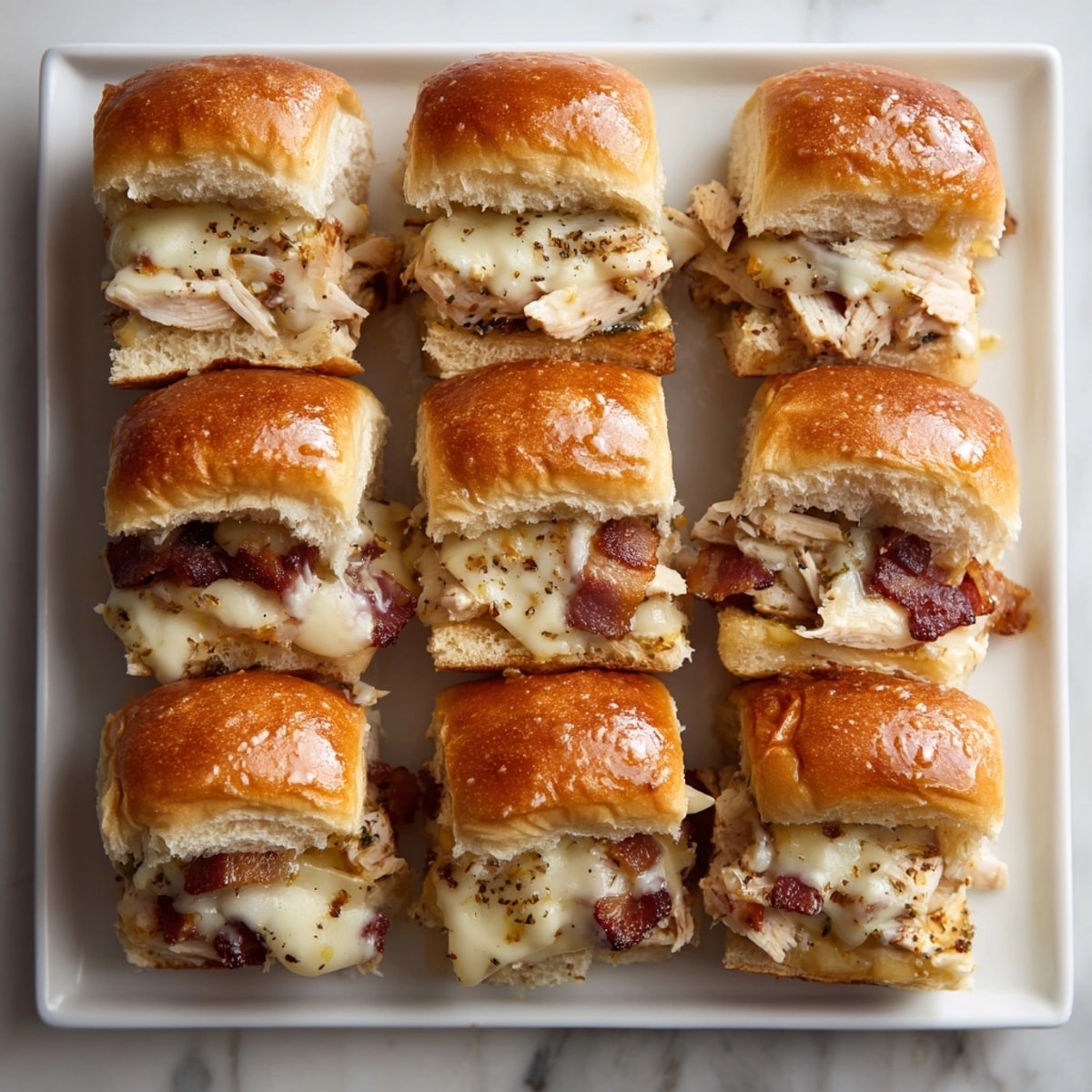 Close-up of maple chicken and bacon sliders, crispy bacon and melted cheese tempting for party appetizers.