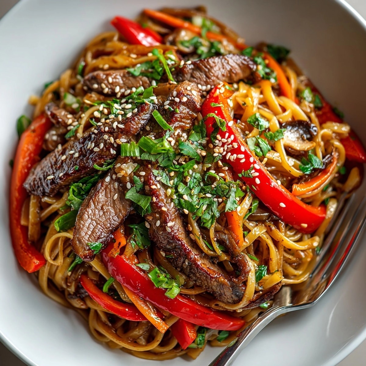 Hoisin Beef Noodles served hot in a bowl, topped with fresh cilantro and sesame seeds.