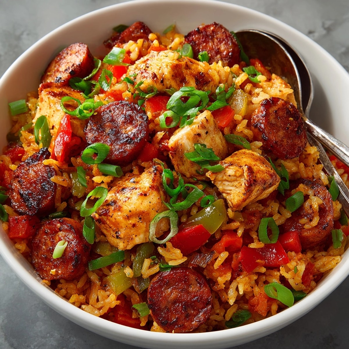 Slow Cooker Chicken Jambalaya in a rustic bowl, vibrant with peppers and Cajun sausage.