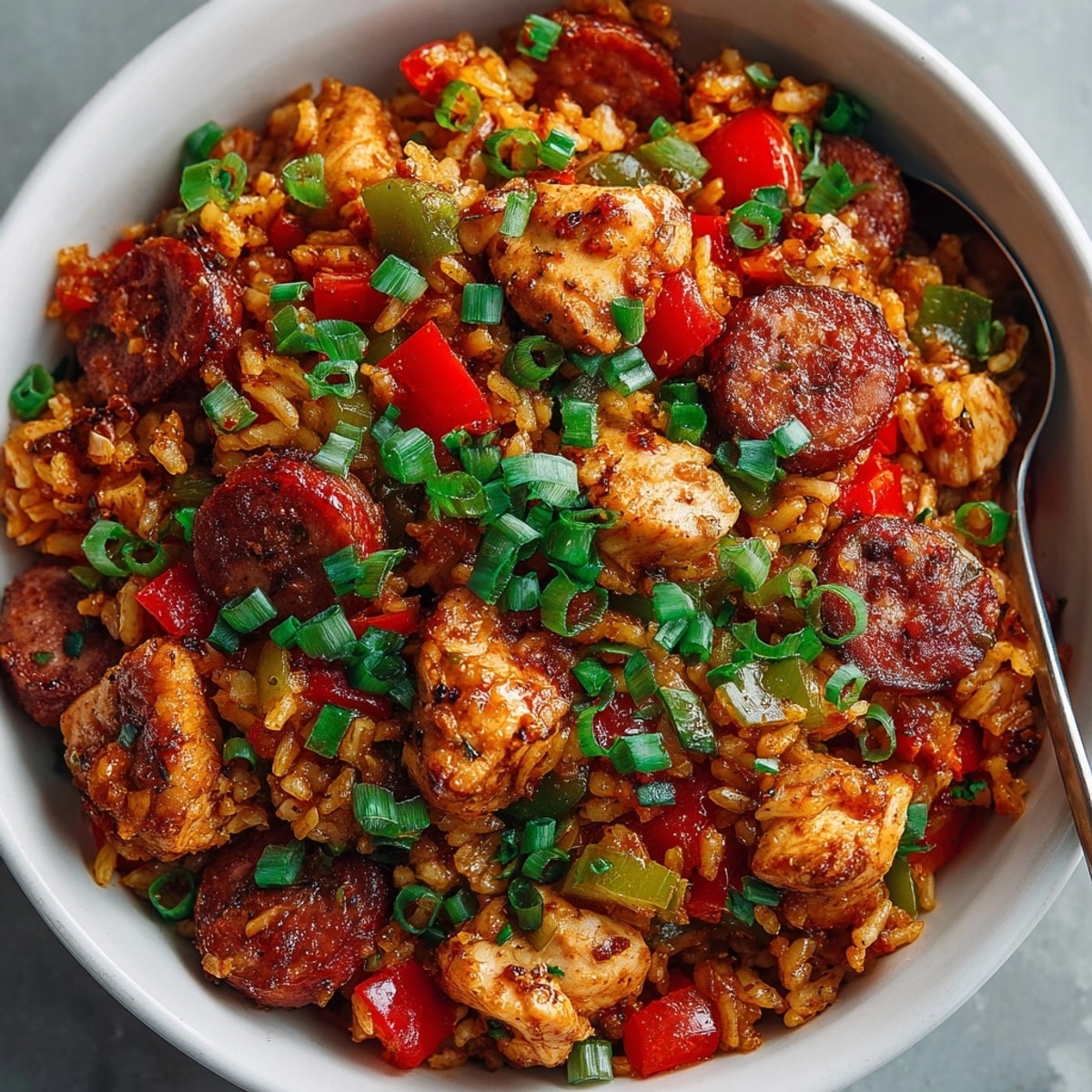 Hearty slow cooker chicken jambalaya served steaming hot, garnished with fresh green onions.
