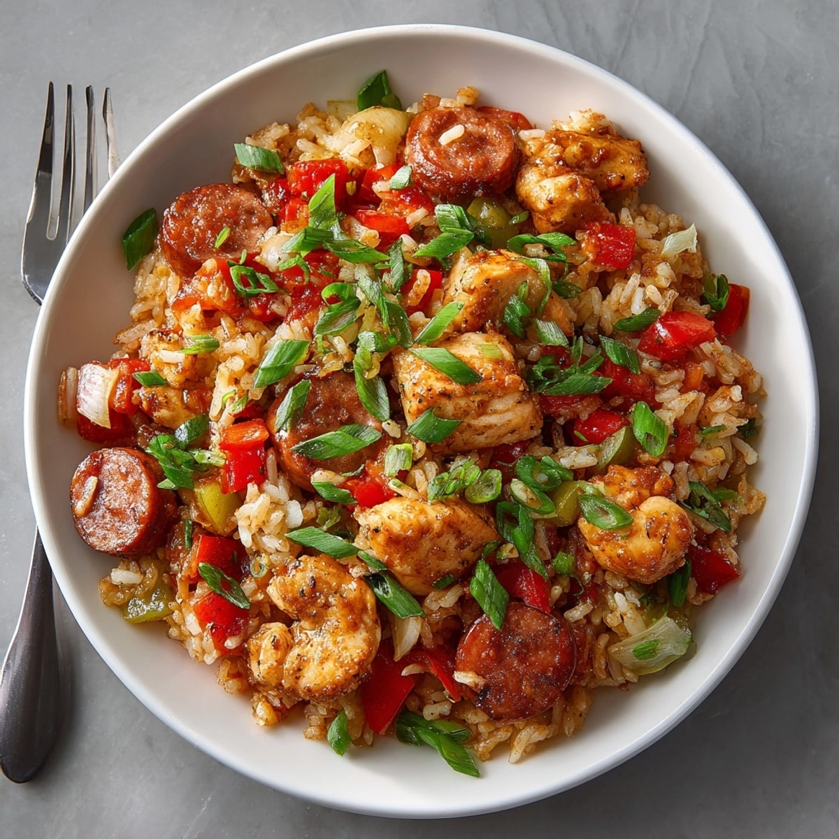 A comforting plate of slow cooker chicken jambalaya featuring tender chicken, rice, and bold spices.