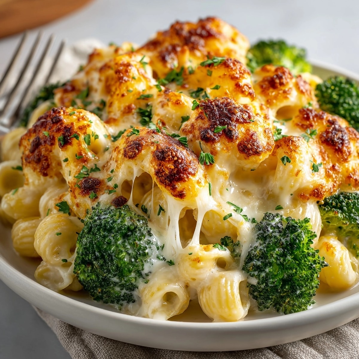 Alfredo Broccoli Mac Bake fresh from the oven, golden cheesy layer bubbling on top.