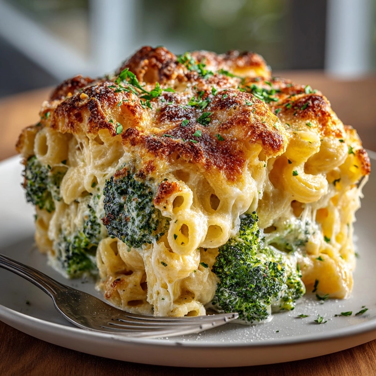 Close-up of Alfredo Broccoli Mac Bake served hot, with creamy sauce and vibrant green broccoli.