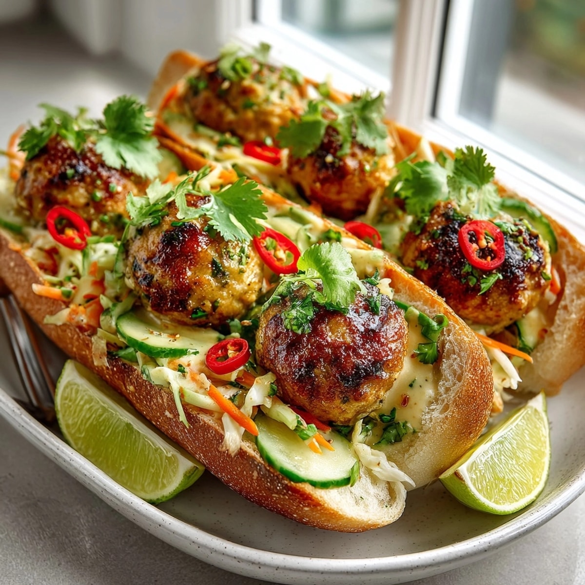 Thai Curry Meatball Subs: Toasted rolls overflowing with juicy, fragrant meatballs in creamy coconut sauce.