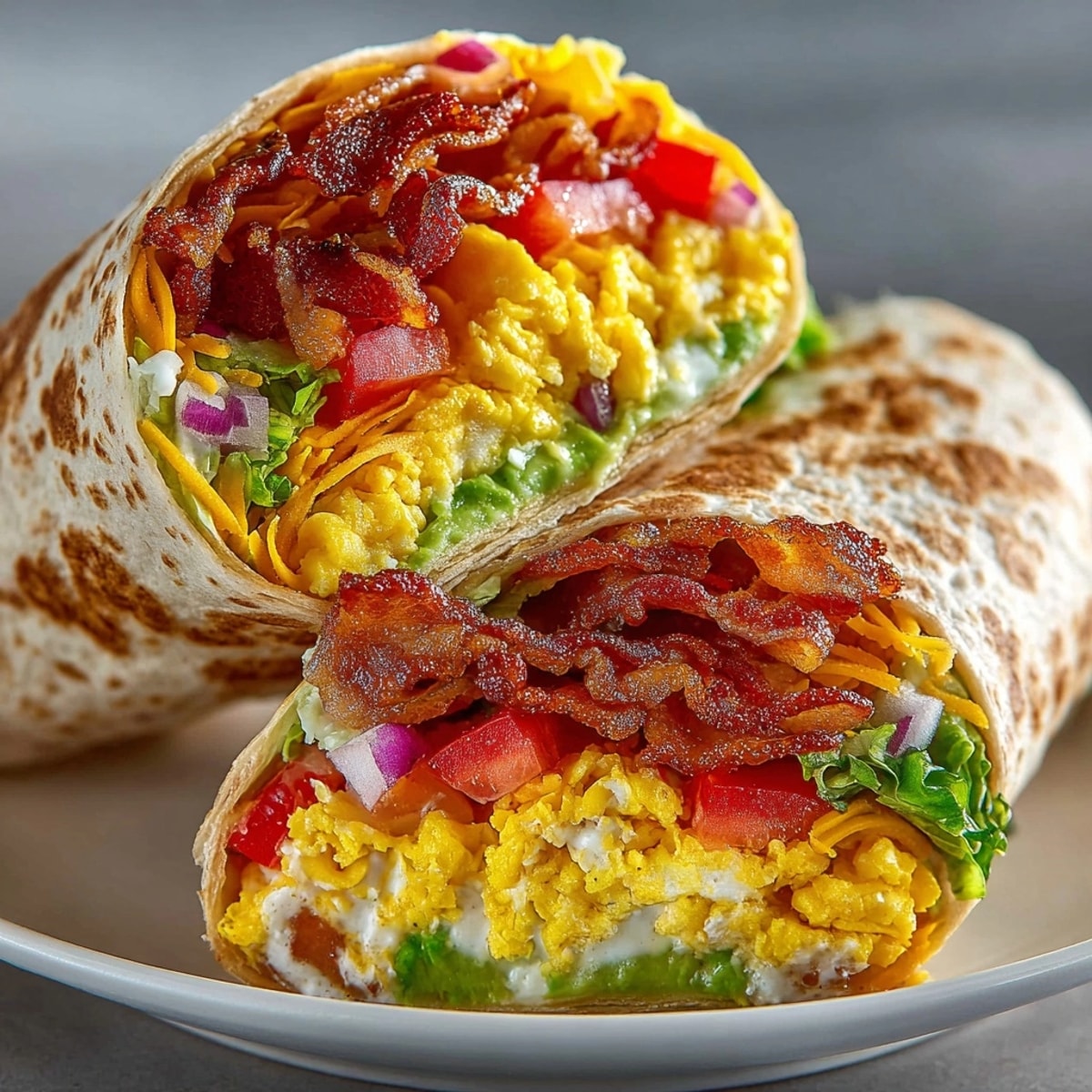 Golden scrambled eggs, ripe avocado, and crispy bacon fill this Avocado BLT Breakfast Wrap.