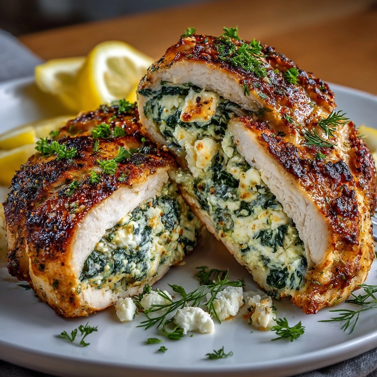 Golden Feta Spinach Stuffed Chicken Breast sizzling; healthy and flavorful main course recipe.