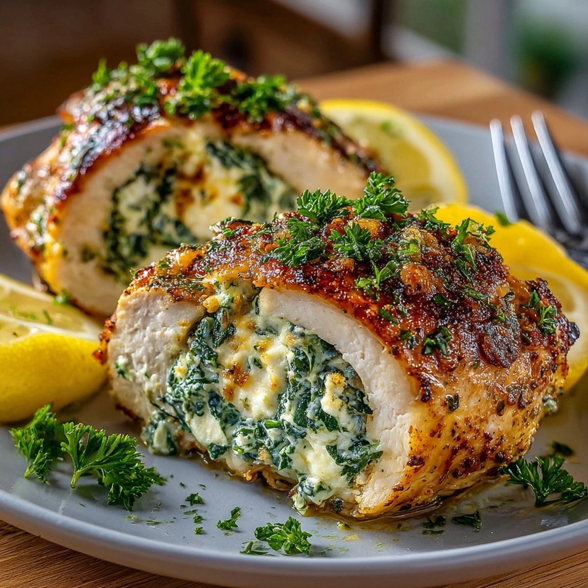 Making easy, low-carb Feta Spinach Stuffed Chicken Breast; serve with lemon and parsley.