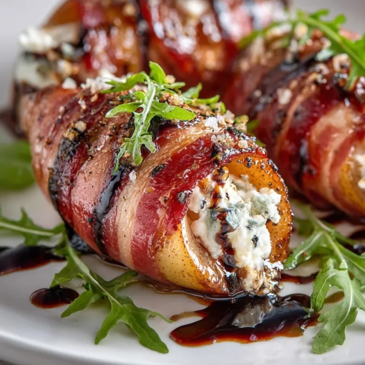 Savory Prosciutto-Wrapped Pears drizzled with balsamic, a tasty appetizer ready to serve.