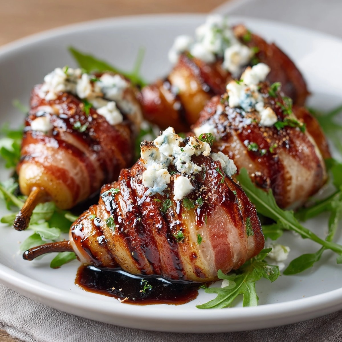 Easy Prosciutto-Wrapped Pears recipe—salty, sweet goodness plated with peppery arugula garnish.