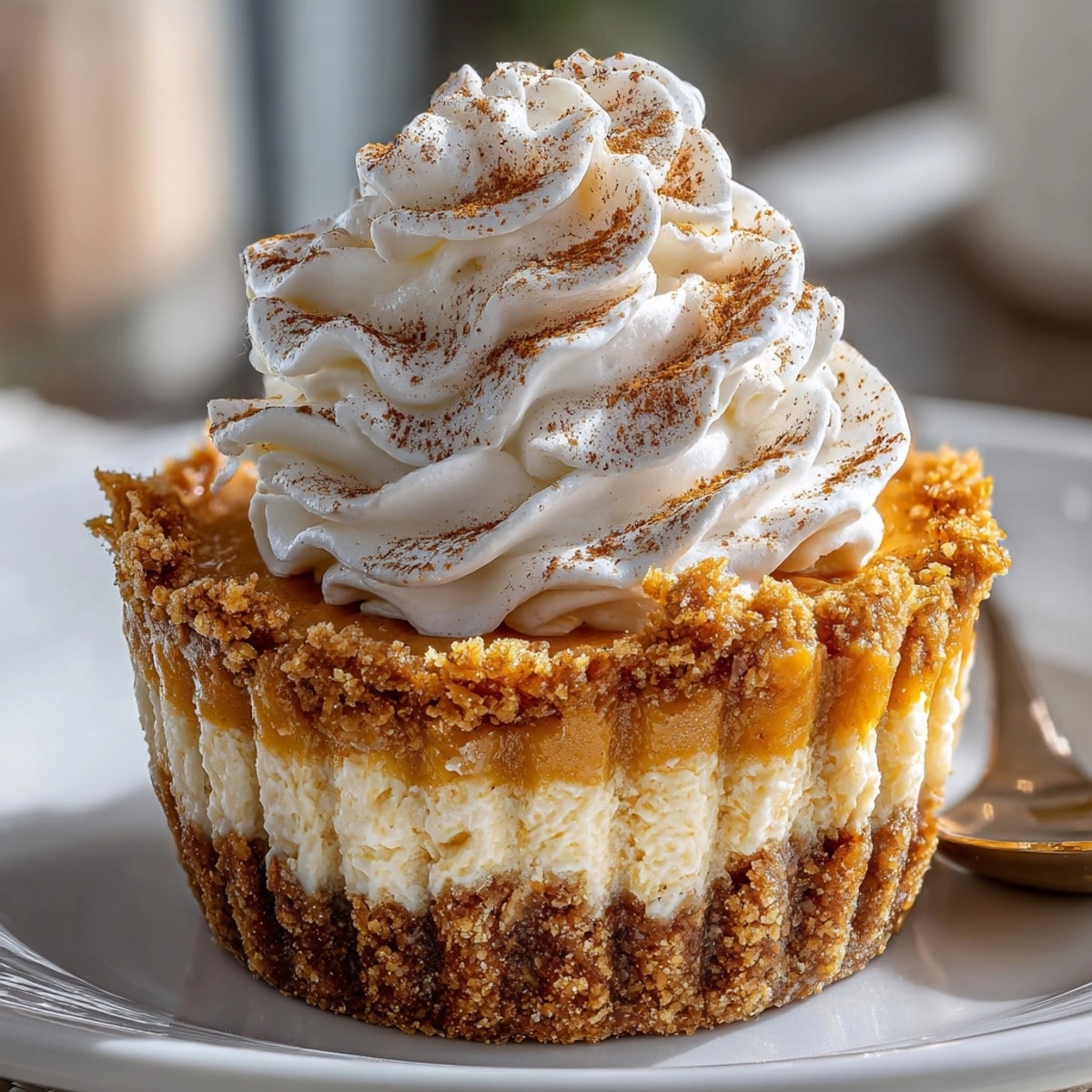 Creamy No-Bake Mini Cheese & Cracker Pumpkin Pies, garnished with whipped cream and cinnamon.