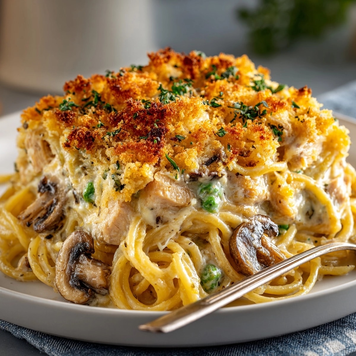 Golden, bubbly Turkey Tetrazzini Casserole fresh from the oven, ready for a comforting dinner.