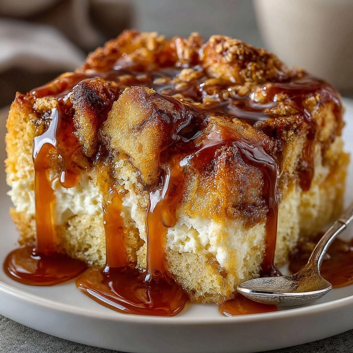Golden-brown Pumpkin Bread Pudding with Caramel Sauce, a warmly spiced fall dessert.