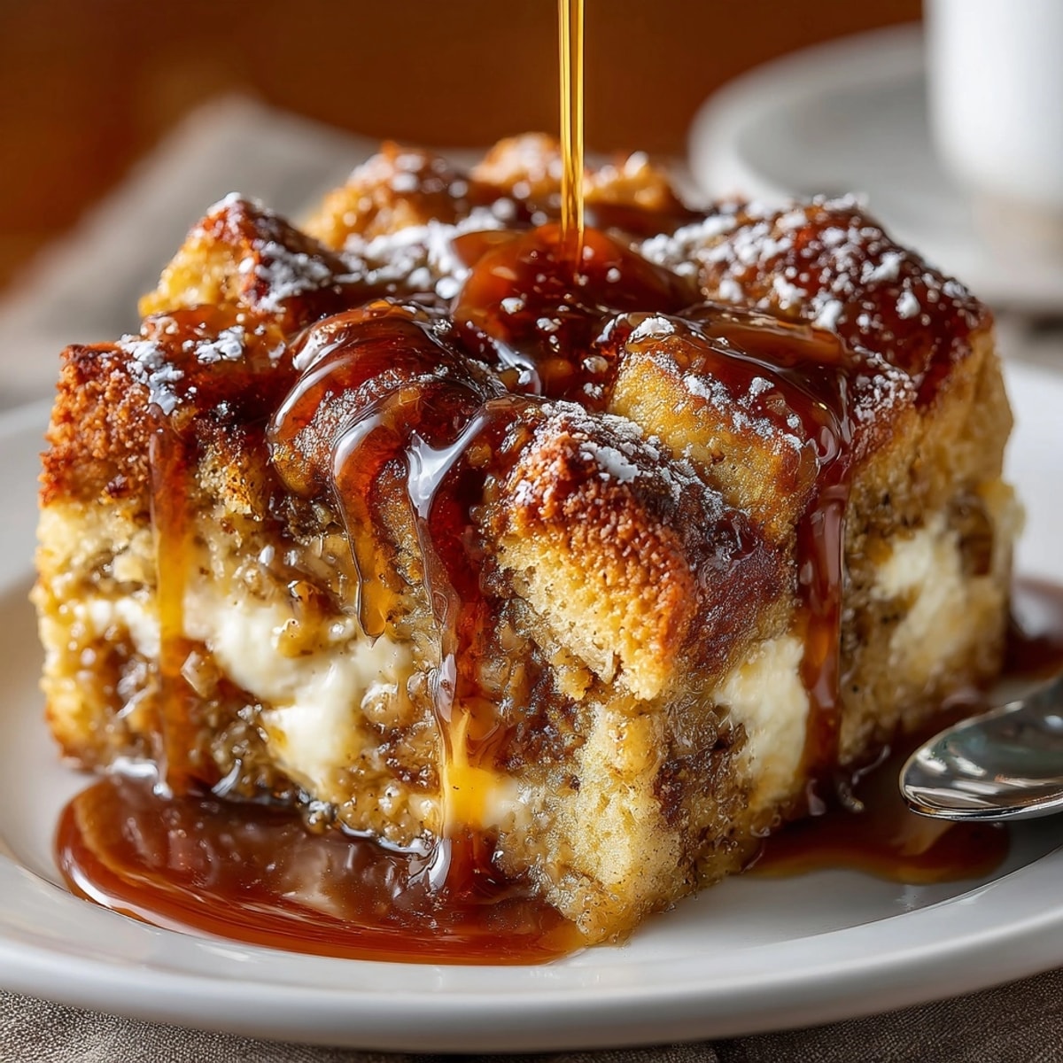 Warm, custardy image of Pumpkin Bread Pudding with Caramel Sauce drizzled on top.