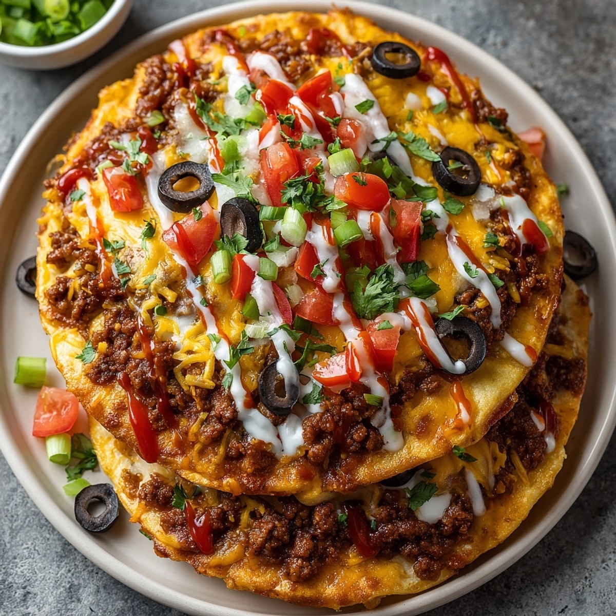 Golden, crispy Vegan Copycat Taco Bell Mexican Pizza, fresh toppings, ready to be enjoyed.