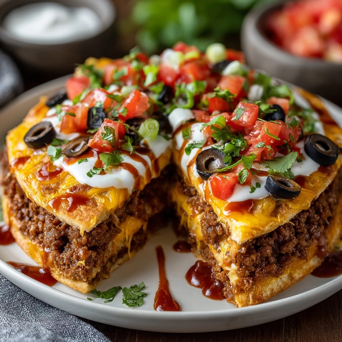 Elevated view of layers, beans, "beef," and vegan cheese in a tempting Vegan Mexican Pizza.