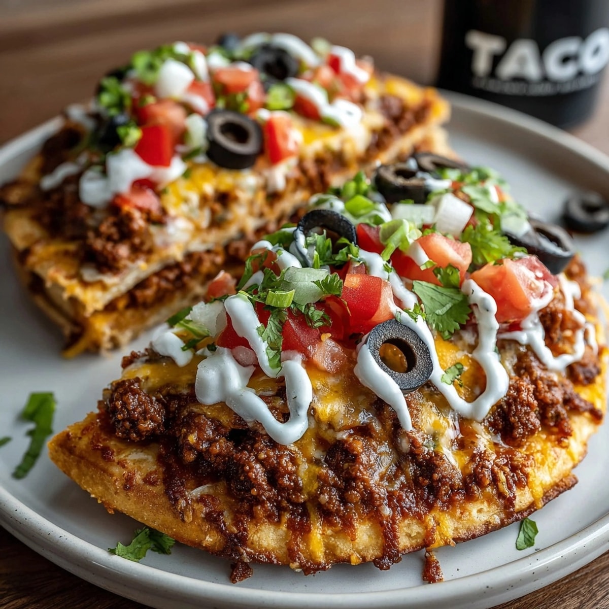 Savory Vegan Copycat Taco Bell Mexican Pizza, garnished; a plant-based Tex-Mex treat.