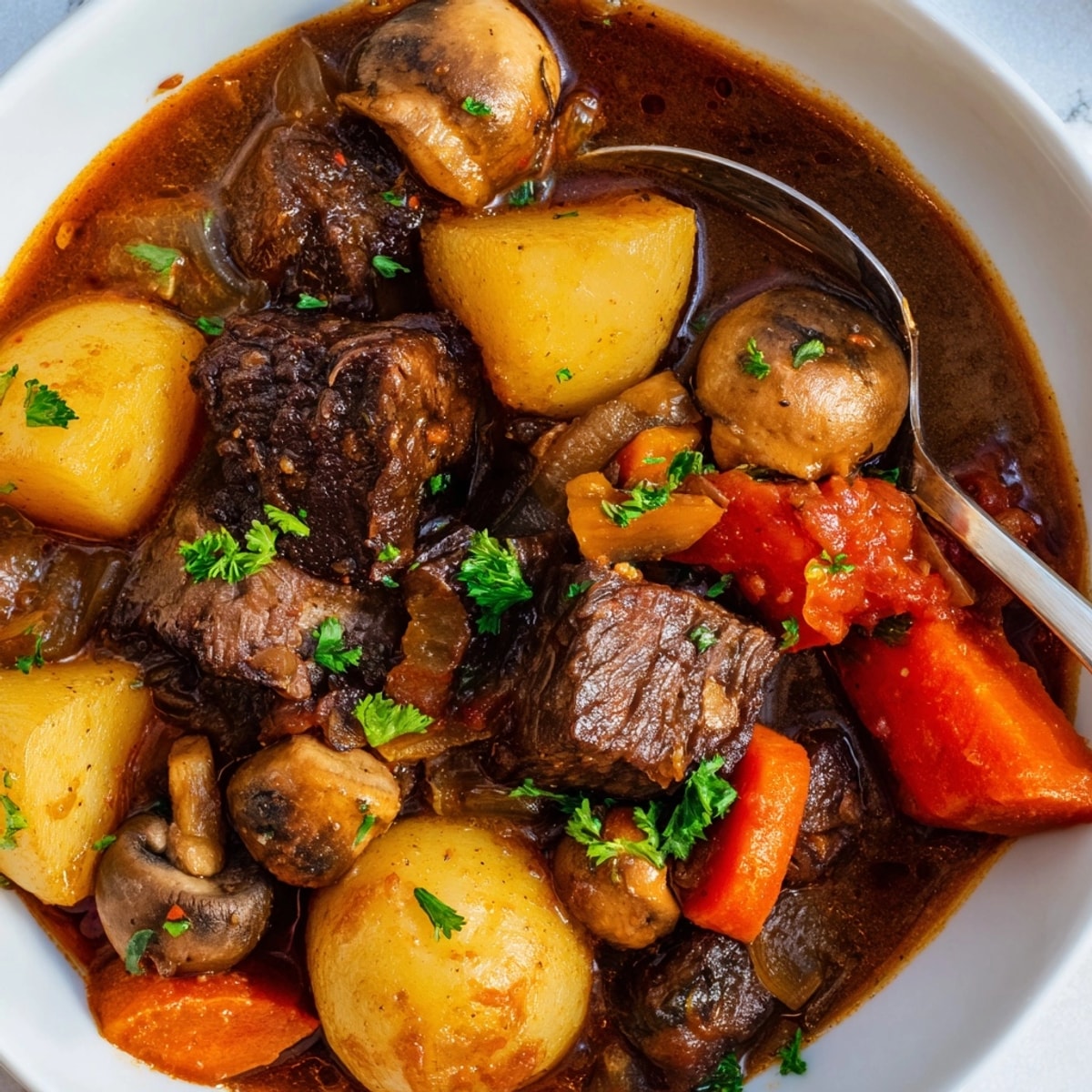 Close-up of simmering Beef Stew, its thick gravy filled with vegetables and tender meat.