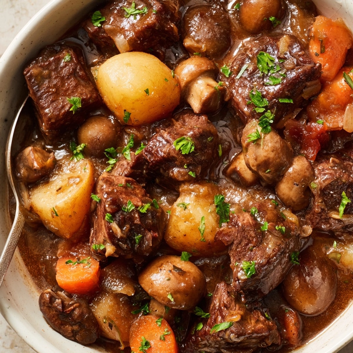 Fork tender Beef Stew served in a bowl, garnished with fresh parsley, ready to eat.