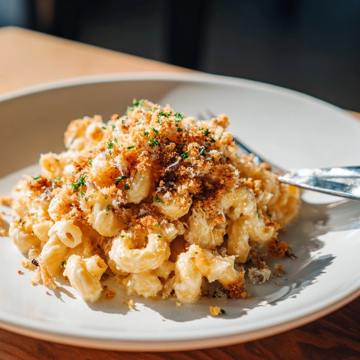 Golden baked Mac and Cheese with Sardines, bubbly cheese sauce, and toasted breadcrumbs.